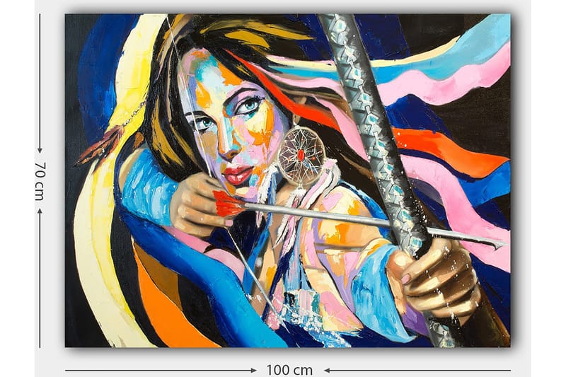 Canvas taulu 70x100 cm - Voimakas nainen jänteilee rusettia värikkäiden nauhojen ympäröimänä - Sininen / Punainen / Keltainen - Sisustustuotteet - Taulu & taide - Canvas-taulu