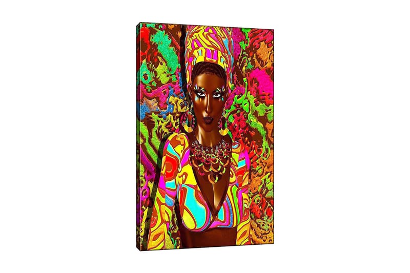 Canvas taulu 70x100 cm - Voimakas nainen värikkäissä vaatteissa, ilmeikkäät kasvot ja korut, Vihreä / Vaaleanpunainen / Oranssi
