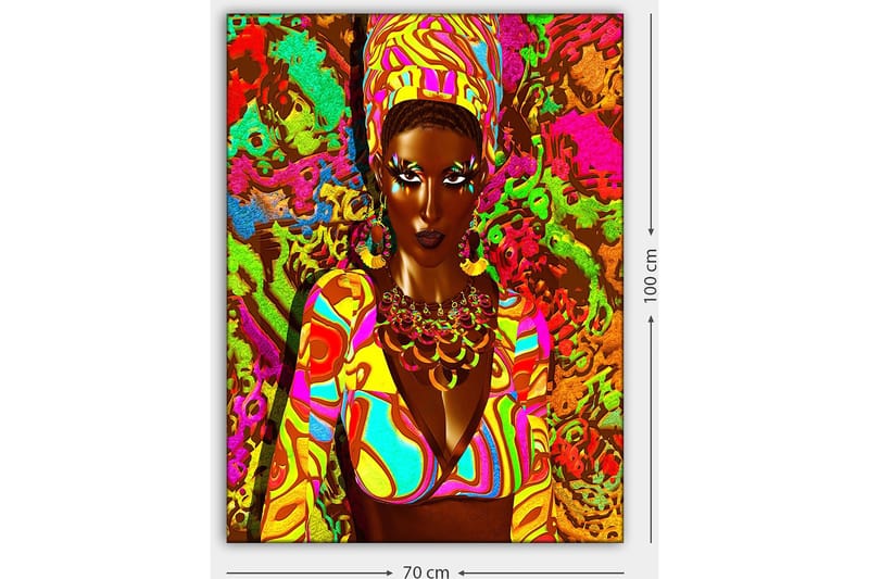 Canvas taulu 70x100 cm - Voimakas nainen värikkäissä vaatteissa, ilmeikkäät kasvot ja korut - Vihreä / Vaaleanpunainen / Oranssi - Sisustustuotteet - Taulu & taide - Canvas-taulu