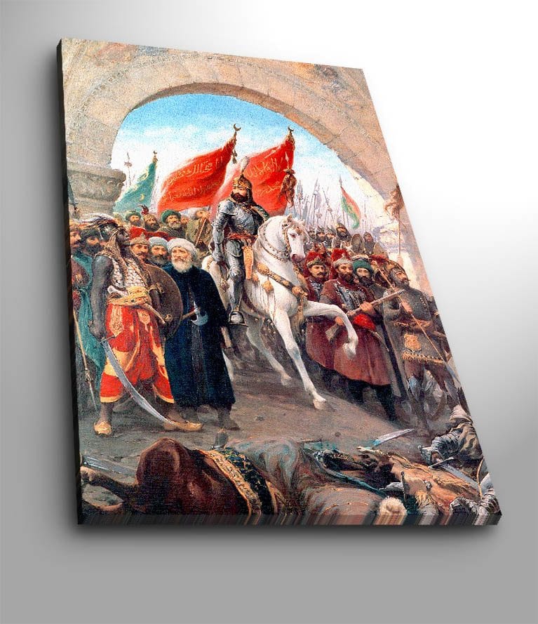 Canvas taulu 70x100 cm - Voitokas johtaja valkoisella hevosella punalippuisen väkijoukon ympäröimänä, Punainen / Valkoinen / Ruskea