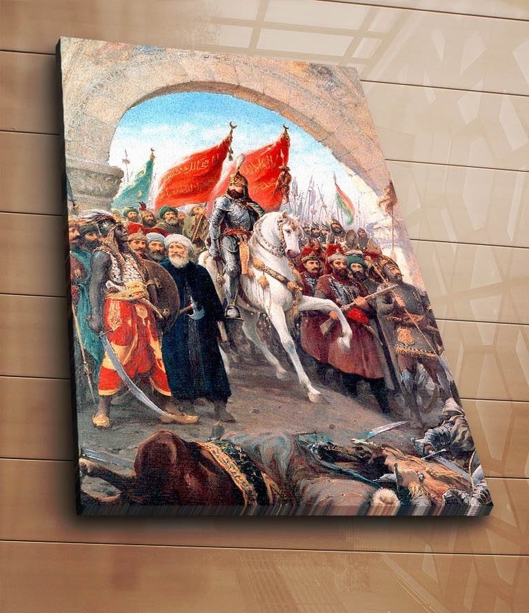 Canvas taulu 70x100 cm - Voitokas johtaja valkoisella hevosella punalippuisen väkijoukon ympäröimänä - Punainen / Valkoinen / Ruskea - Sisustustuotteet - Taulu & taide - Canvas-taulu