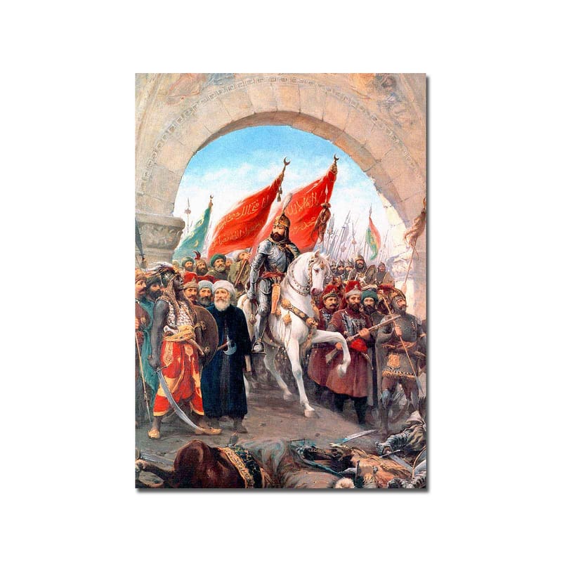 Canvas taulu 70x100 cm - Voitokas johtaja valkoisella hevosella punalippuisen väkijoukon ympäröimänä - Punainen / Valkoinen / Ruskea - Sisustustuotteet - Taulu & taide - Canvas-taulu