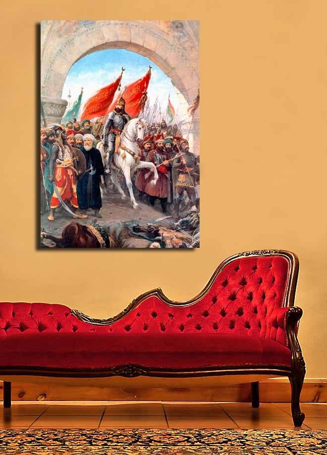 Canvas taulu 70x100 cm - Voitokas johtaja valkoisella hevosella punalippuisen väkijoukon ympäröimänä - Punainen / Valkoinen / Ruskea - Sisustustuotteet - Taulu & taide - Canvas-taulu