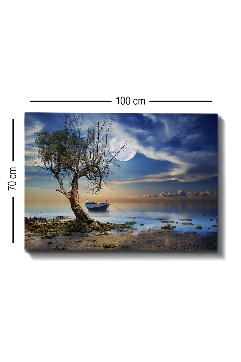 Canvas taulu 70x100 cm - Yksinäinen, kuollut puunrunko tyynen veden äärellä, taustalla vene tähtitaivaan alla - Sininen / Vihreä / Beige - Sisustustuotteet - Taulu & taide - Canvas-taulu