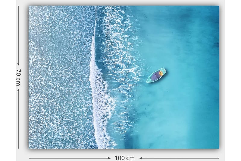 Canvas taulu 70x100 cm - Yksinäinen vene kirkkaalla, turkoosilla merellä, valkoisten aaltojen vyöryessä kohti rantaa - Turkoosi / Valkoinen - Sisustustuotteet - Taulu & taide - Canvas-taulu