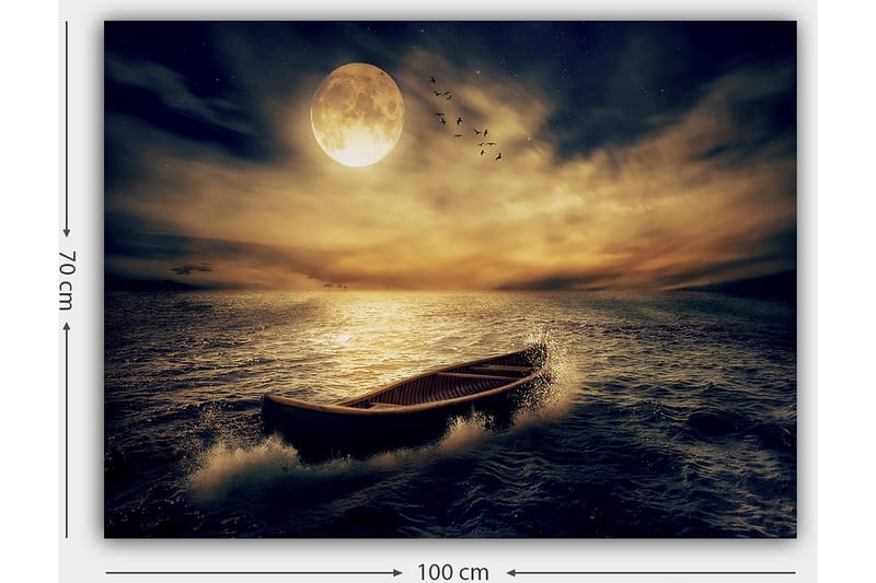 Canvas taulu 70x100 cm - Yksinäinen vene liukuu peilimäisellä järvellä suuren, kirkkaan kuun alla - Tummansininen / Kultainen / Harmaa - Sisustustuotteet - Taulu & taide - Canvas-taulu