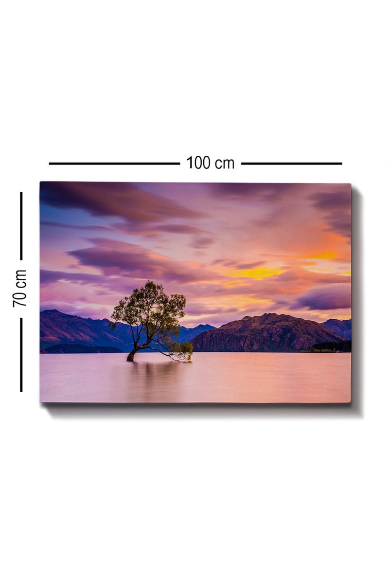 Canvas taulu 70x100 cm - Yksinäinen puunrunko peilimäisessä järvessä, taustalla kaukaiset vuoret värikkään taivaan alla auringonlaskun aikaan - Violetti / Vihreä / Oranssi - Sisustustuotteet - Taulu & taide - Canvas-taulu