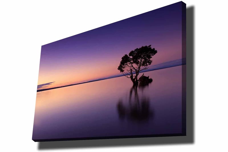 Canvas taulu 70x100 cm - Yksinäinen puunlatva heijastuu tyynessä järvessä värikkään taivaan alla hämärässä, Violetti / Oranssi / Musta
