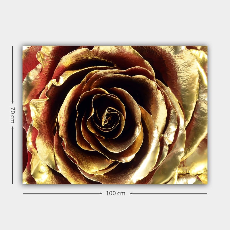 Canvas taulu 70x100 cm - Yksityiskohtainen ja kimalteleva ruusu kullan sävyissä - Kulta / Punainen / Ruskea - Sisustustuotteet - Taulu & taide - Canvas-taulu