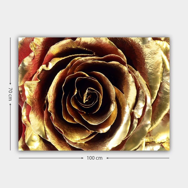 Canvas taulu 70x100 cm - Yksityiskohtainen ja kimalteleva ruusu kullan sävyissä - Kulta / Punainen / Ruskea - Sisustustuotteet - Taulu & taide - Canvas-taulu