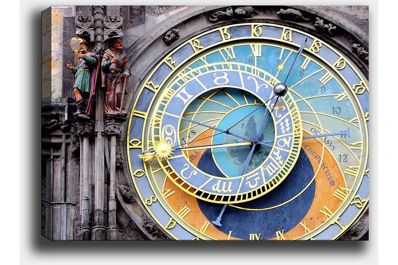 Canvas taulu 70x100 cm - Yksityiskohtainen ja värikäs astronominen kello kultaisilla ja sinisillä yksityiskohdilla - Kulta / Sininen / Oranssi - Sisustustuotteet - Taulu & taide - Canvas-taulu