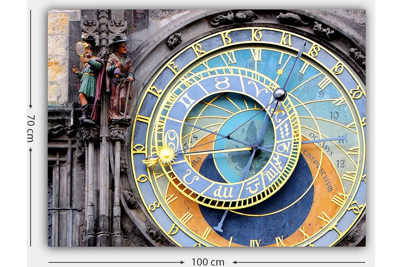 Canvas taulu 70x100 cm - Yksityiskohtainen ja värikäs astronominen kello kultaisilla ja sinisillä yksityiskohdilla - Kulta / Sininen / Oranssi - Sisustustuotteet - Taulu & taide - Canvas-taulu