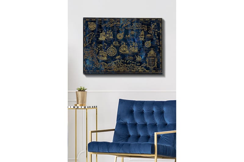 Canvas taulu 70x100 cm - Yksityiskohtainen Karibianmeren kartta purjeveneillä ja kompasseilla kulta-aiheissa - Tummansininen / Kulta - Sisustustuotteet - Taulu & taide - Canvas-taulu