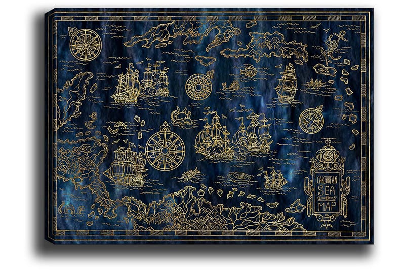 Canvas taulu 70x100 cm - Yksityiskohtainen Karibianmeren kartta purjeveneillä ja kompasseilla kulta-aiheissa, Tummansininen / Kulta
