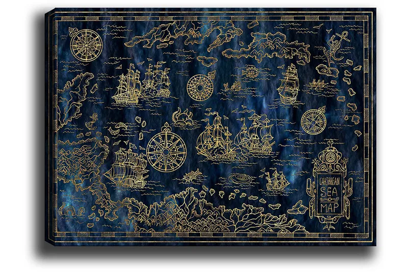 Canvas taulu 70x100 cm - Yksityiskohtainen Karibianmeren kartta purjeveneillä ja kompasseilla kulta-aiheissa, Tummansininen / Kulta