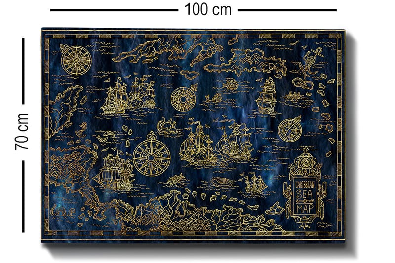 Canvas taulu 70x100 cm - Yksityiskohtainen Karibianmeren kartta purjeveneillä ja kompasseilla kulta-aiheissa - Tummansininen / Kulta - Sisustustuotteet - Taulu & taide - Canvas-taulu