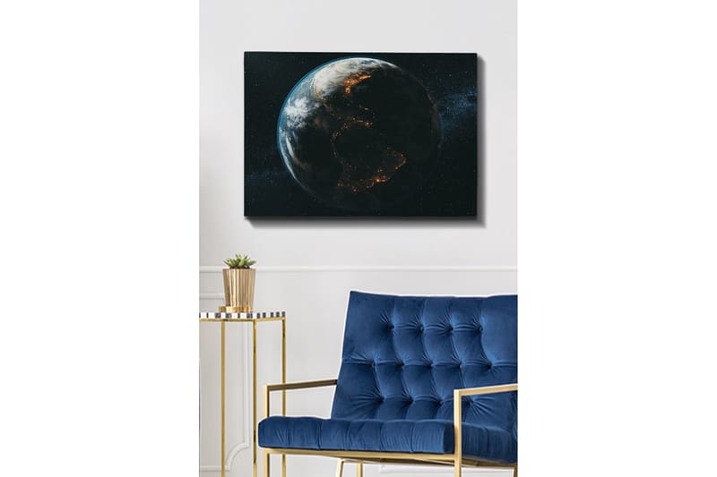 Canvas taulu 70x100 cm - Yksityiskohtainen kuvaus maapallosta avaruudesta katsottuna, keskittyen mantereiden muotoihin ja kaupunkien valoon - Tummansininen / Vihreä / Valkoinen - Sisustustuotteet - Taulu & taide - Canvas-taulu