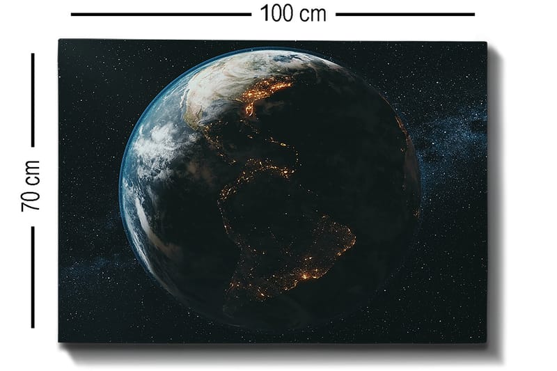 Canvas taulu 70x100 cm - Yksityiskohtainen kuvaus maapallosta avaruudesta katsottuna, keskittyen mantereiden muotoihin ja kaupunkien valoon - Tummansininen / Vihreä / Valkoinen - Sisustustuotteet - Taulu & taide - Canvas-taulu