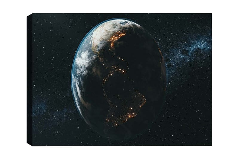 Canvas taulu 70x100 cm - Yksityiskohtainen kuvaus maapallosta avaruudesta katsottuna, keskittyen mantereiden muotoihin ja kaupunkien valoon, Tummansininen / Vihreä / Valkoinen