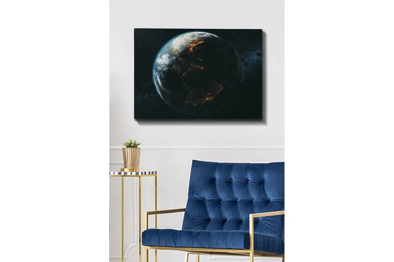 Canvas taulu 70x100 cm - Yksityiskohtainen kuvaus maapallosta avaruudesta katsottuna, keskittyen mantereiden muotoihin ja kaupunkien valoon - Tummansininen / Vihreä / Valkoinen - Sisustustuotteet - Taulu & taide - Canvas-taulu