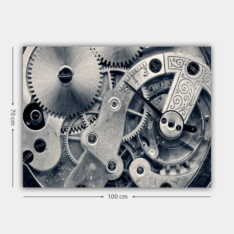 Canvas taulu 70x100 cm - Yksityiskohtainen lähikuva kellokoneiston hammasrattaista ja mekaniikasta - Hopea / Harmaa - Sisustustuotteet - Taulu & taide - Canvas-taulu