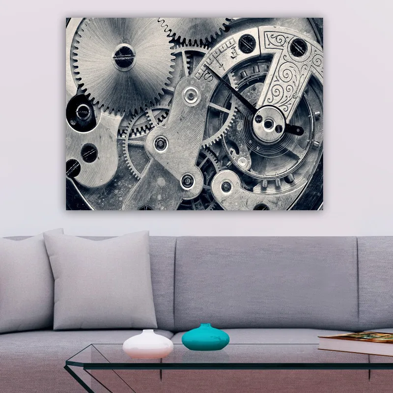 Canvas taulu 70x100 cm - Yksityiskohtainen lähikuva kellokoneiston hammasrattaista ja mekaniikasta - Hopea / Harmaa - Sisustustuotteet - Taulu & taide - Canvas-taulu