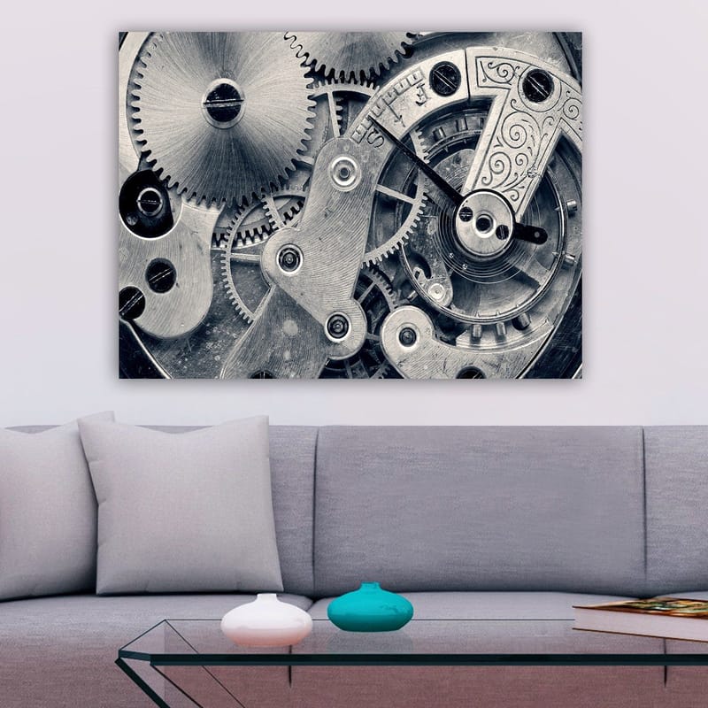 Canvas taulu 70x100 cm - Yksityiskohtainen lähikuva kellokoneiston hammasrattaista ja mekaniikasta - Hopea / Harmaa - Sisustustuotteet - Taulu & taide - Canvas-taulu