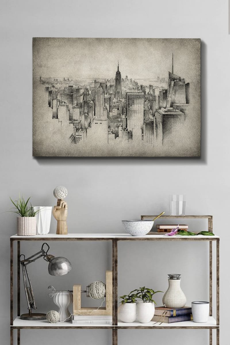 Canvas taulu 70x100 cm - Yksityiskohtainen näkymä kaupungin siluetista, jossa keskitytään ikonisiin pilvenpiirtäjiin - Harmaa / Musta - Sisustustuotteet - Taulu & taide - Canvas-taulu