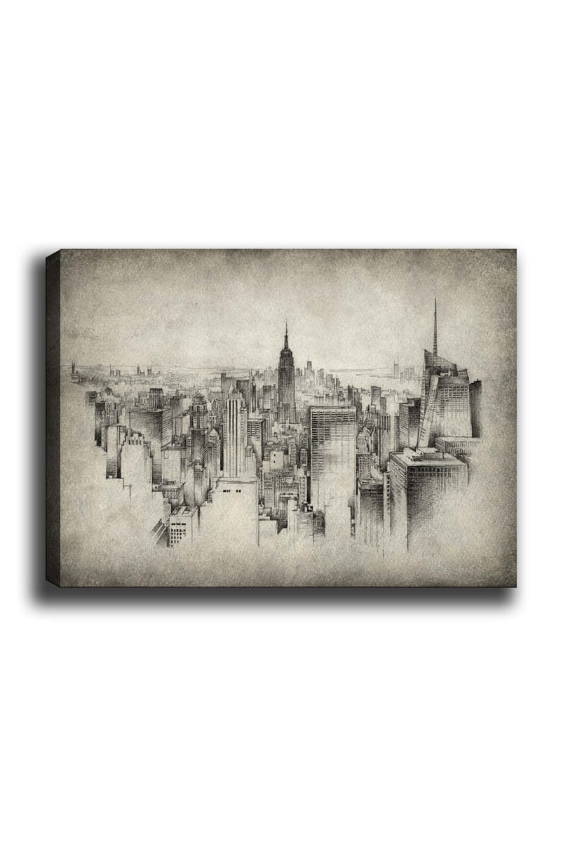 Canvas taulu 70x100 cm - Yksityiskohtainen näkymä kaupungin siluetista, jossa keskitytään ikonisiin pilvenpiirtäjiin, Harmaa / Musta