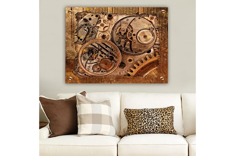 Canvas taulu 70x100 cm - Yksityiskohtainen sommitelma kellokoneistosta vaihteineen ja mekaanisine osineen - Pronssi / Kupari / Kulta - Sisustustuotteet - Taulu & taide - Canvas-taulu