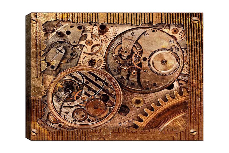 Canvas taulu 70x100 cm - Yksityiskohtainen sommitelma kellokoneistosta vaihteineen ja mekaanisine osineen, Pronssi / Kupari / Kulta