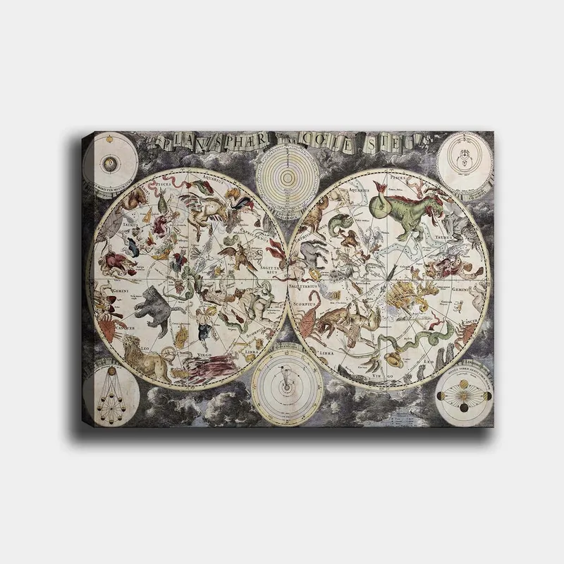 Canvas taulu 70x100 cm - Yksityiskohtainen tähtikartta, jossa on erilaisia mytologisia eläimiä ja tähtikuvioita edustavia hahmoja, Vihreä / Punainen / Beige