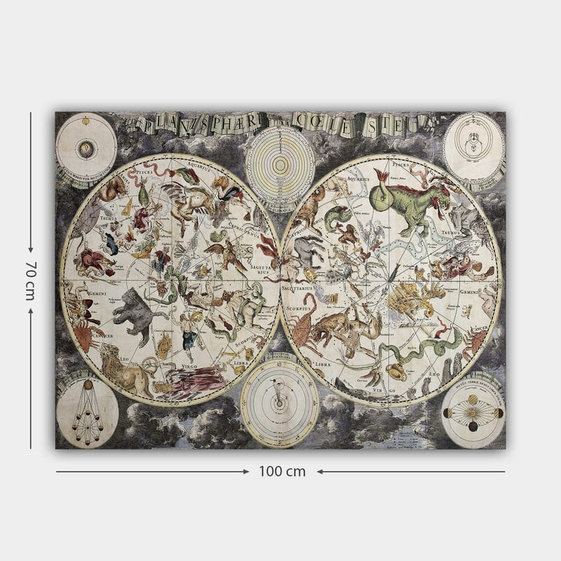 Canvas taulu 70x100 cm - Yksityiskohtainen tähtikartta, jossa on erilaisia mytologisia eläimiä ja tähtikuvioita edustavia hahmoja - Vihreä / Punainen / Beige - Sisustustuotteet - Taulu & taide - Canvas-taulu