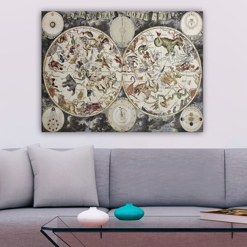 Canvas taulu 70x100 cm - Yksityiskohtainen tähtikartta, jossa on erilaisia mytologisia eläimiä ja tähtikuvioita edustavia hahmoja - Vihreä / Punainen / Beige - Sisustustuotteet - Taulu & taide - Canvas-taulu