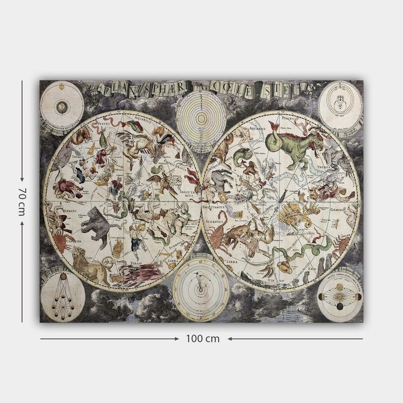 Canvas taulu 70x100 cm - Yksityiskohtainen tähtikartta, jossa on erilaisia mytologisia eläimiä ja tähtikuvioita edustavia hahmoja - Vihreä / Punainen / Beige - Sisustustuotteet - Taulu & taide - Canvas-taulu