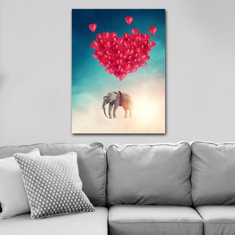 Canvas taulu 70x100 cm - Ylöspäin leijuva norsu sydämenmuotoisten ilmapallojen kanssa symboloimassa rakkautta ja vapautta - Punainen / Harmaa / Sininen - Sisustustuotteet - Taulu & taide - Canvas-taulu