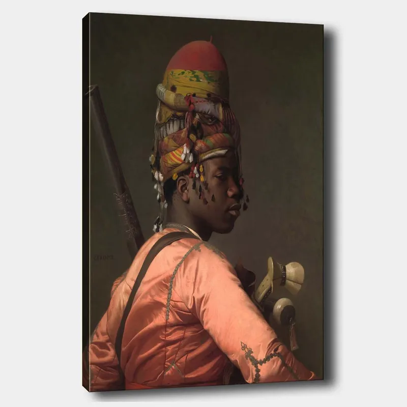 Canvas taulu 70x100 cm - Ylpeä mies perinteisissä vaatteissa värikkäässä päähineessä ja ase kädessään, Vaaleanpunainen / Vihreä / Musta