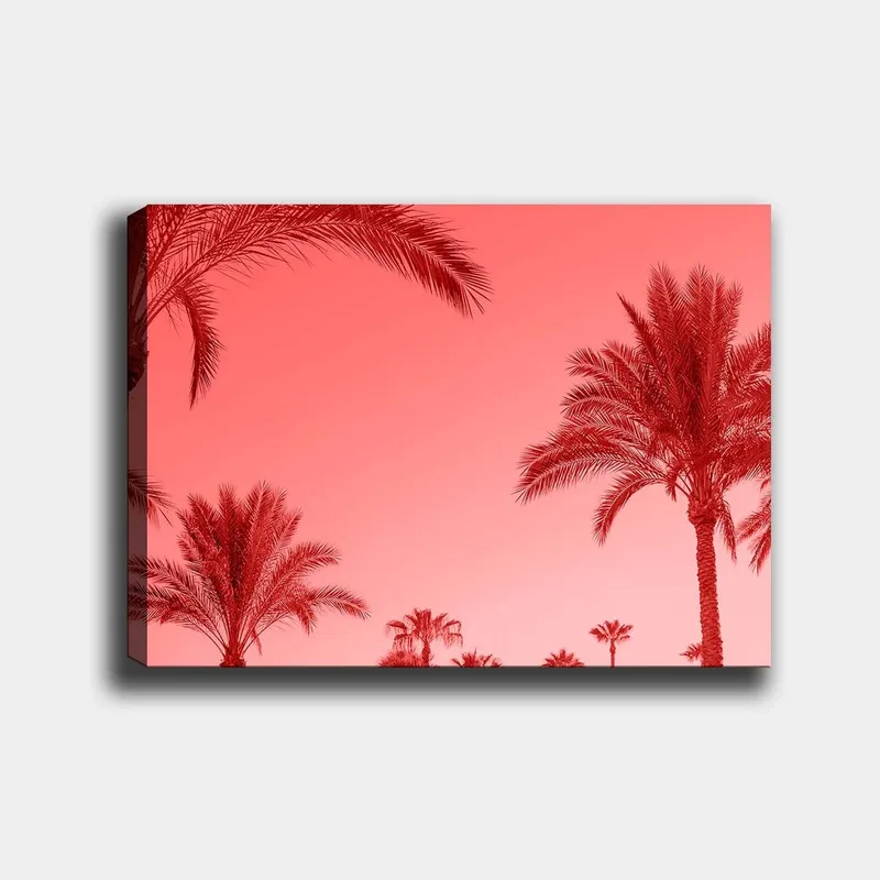 Canvas taulu 70x100 cm - Palmujen siluetit punertavaa taivasta vasten, Punainen / Vaaleanpunainen