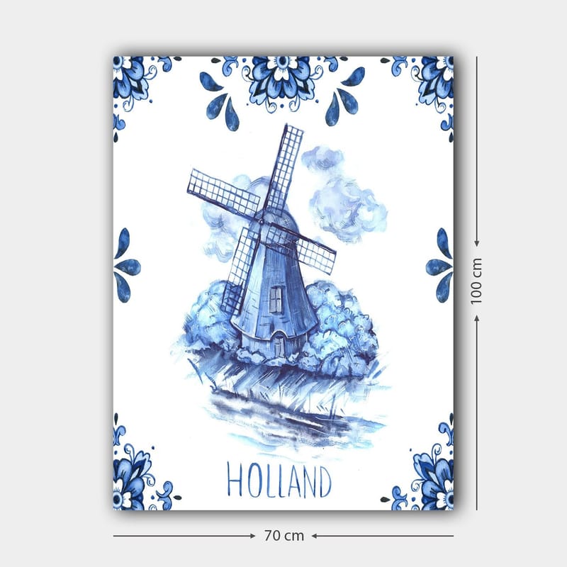 Canvas taulu 70x100 cm - Perinteinen hollantilainen tuulimylly, jota ympäröivät siniset kukat ja pilvet - Sininen / Valkoinen - Sisustustuotteet - Taulu & taide - Canvas-taulu