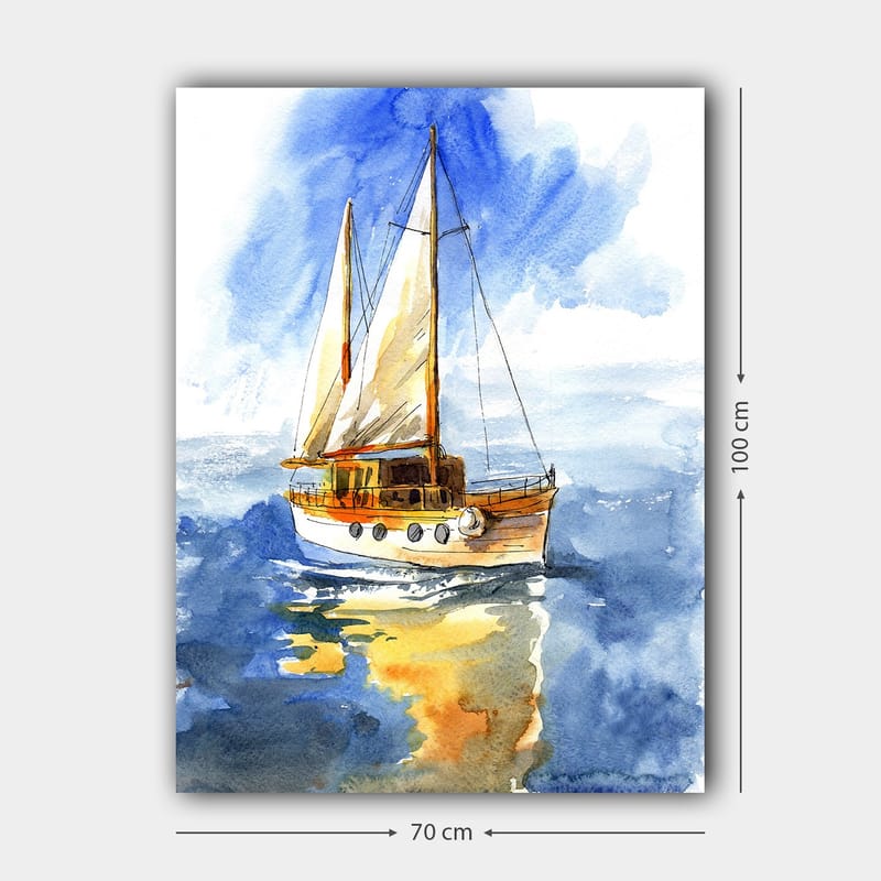 Canvas taulu 70x100 cm - Purjevene liukuu kimmeltävän veden yllä kirkkaan taivaan alla - Sininen / Valkoinen / Beige - Sisustustuotteet - Taulu & taide - Canvas-taulu