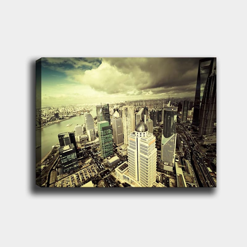 Canvas taulu 70x100 cm - Panoraamanäkymä modernista kaupungista korkeine pilvenpiirtäjineen ja maiseman läpi virtaava jokineen, Vihreä / Harmaa / Beige