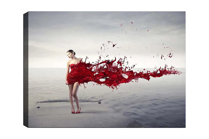 Canvas taulu 70x100 cm - Punamekkoinen nainen, joka näyttää päästävän maalia roiskuttavan liikkeen, Punainen / Beige