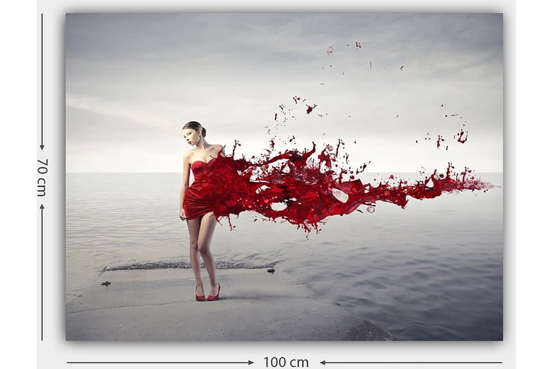 Canvas taulu 70x100 cm - Punamekkoinen nainen, joka näyttää päästävän maalia roiskuttavan liikkeen - Punainen / Beige - Sisustustuotteet - Taulu & taide - Canvas-taulu