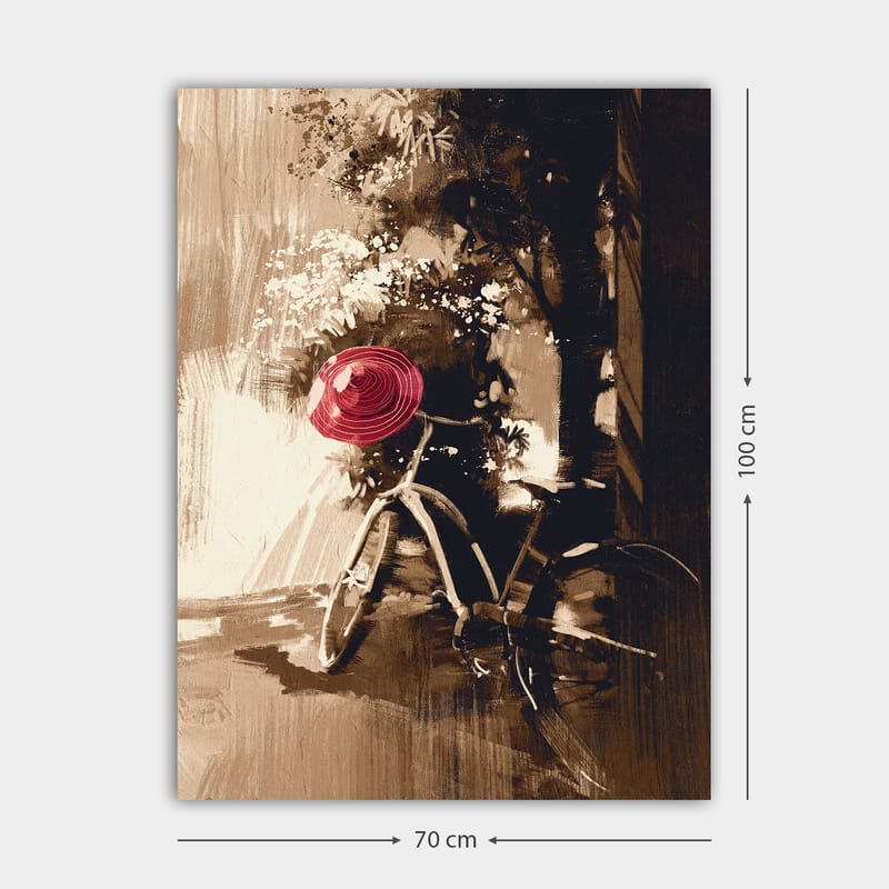 Canvas taulu 70x100 cm - Polkupyörä ja punainen hattu rehevässä vihreässä ympäristössä - Punainen / Ruskea / Musta - Sisustustuotteet - Taulu & taide - Canvas-taulu