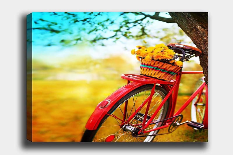 Canvas taulu 70x100 cm - Punainen polkupyörä ja kori täynnä keltaisia kukkia - Punainen / Keltainen / Vihreä - Sisustustuotteet - Taulu & taide - Canvas-taulu