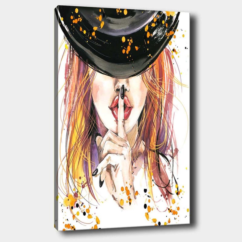 Canvas taulu 70x100 cm - Punatukkainen nainen pitää sormea huulillaan hiljaisuuden eleenä, Punainen / Musta / Oranssi