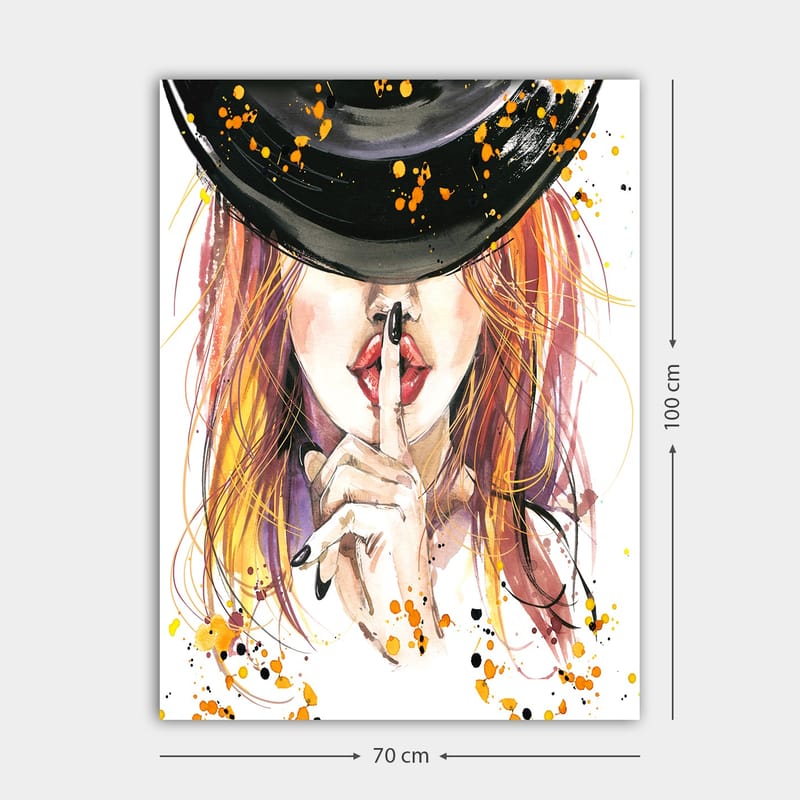 Canvas taulu 70x100 cm - Punatukkainen nainen pitää sormea huulillaan hiljaisuuden eleenä - Punainen / Musta / Oranssi - Sisustustuotteet - Taulu & taide - Canvas-taulu