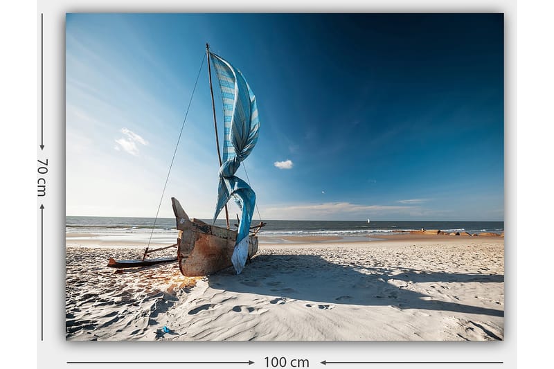 Canvas taulu 70x100 cm - Purjevene sinisillä purjeilla rannalla - Sininen / Beige / Ruskea - Sisustustuotteet - Taulu & taide - Canvas-taulu