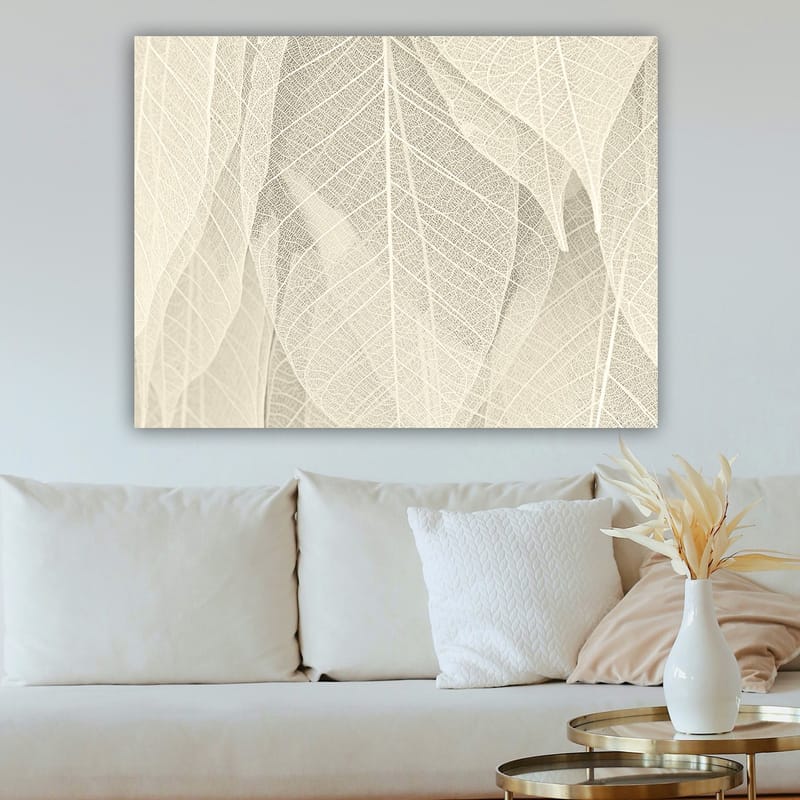 Canvas taulu 70x100 cm - Pehmeä ja hienovarainen läpikuultavien lehtien sommitelma, joka luo rauhallisuuden ja harmonian tunteen - Vaaleanbeige / Valkoinen - Sisustustuotteet - Taulu & taide - Canvas-taulu