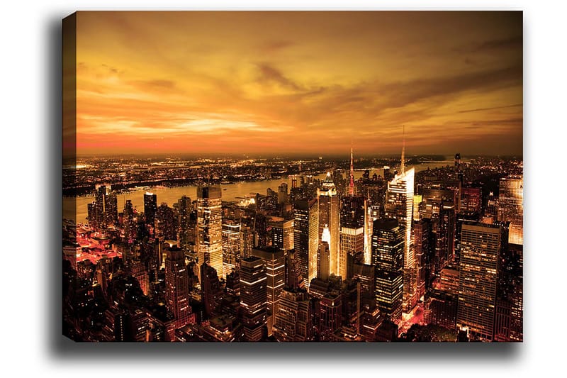 Canvas taulu 70x100 cm - Panoraamanäkymä kaupunkiin auringonlaskun aikaan korkeine rakennuksineen ja dramaattisine taivaineneen - Oranssi / Kulta / Musta - Sisustustuotteet - Taulu & taide - Canvas-taulu